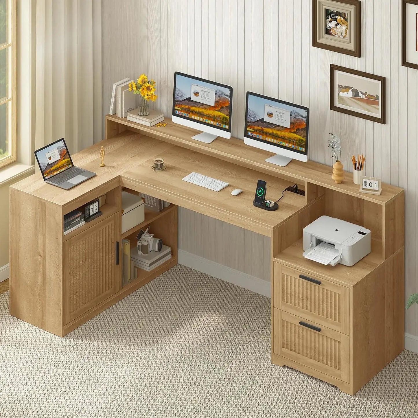62-Inch Farmhouse L-Shaped Desk