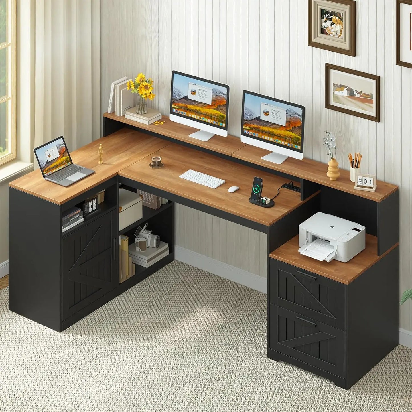62-Inch Farmhouse L-Shaped Desk