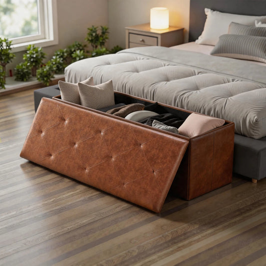 Folding Faux Leather Storage Bench