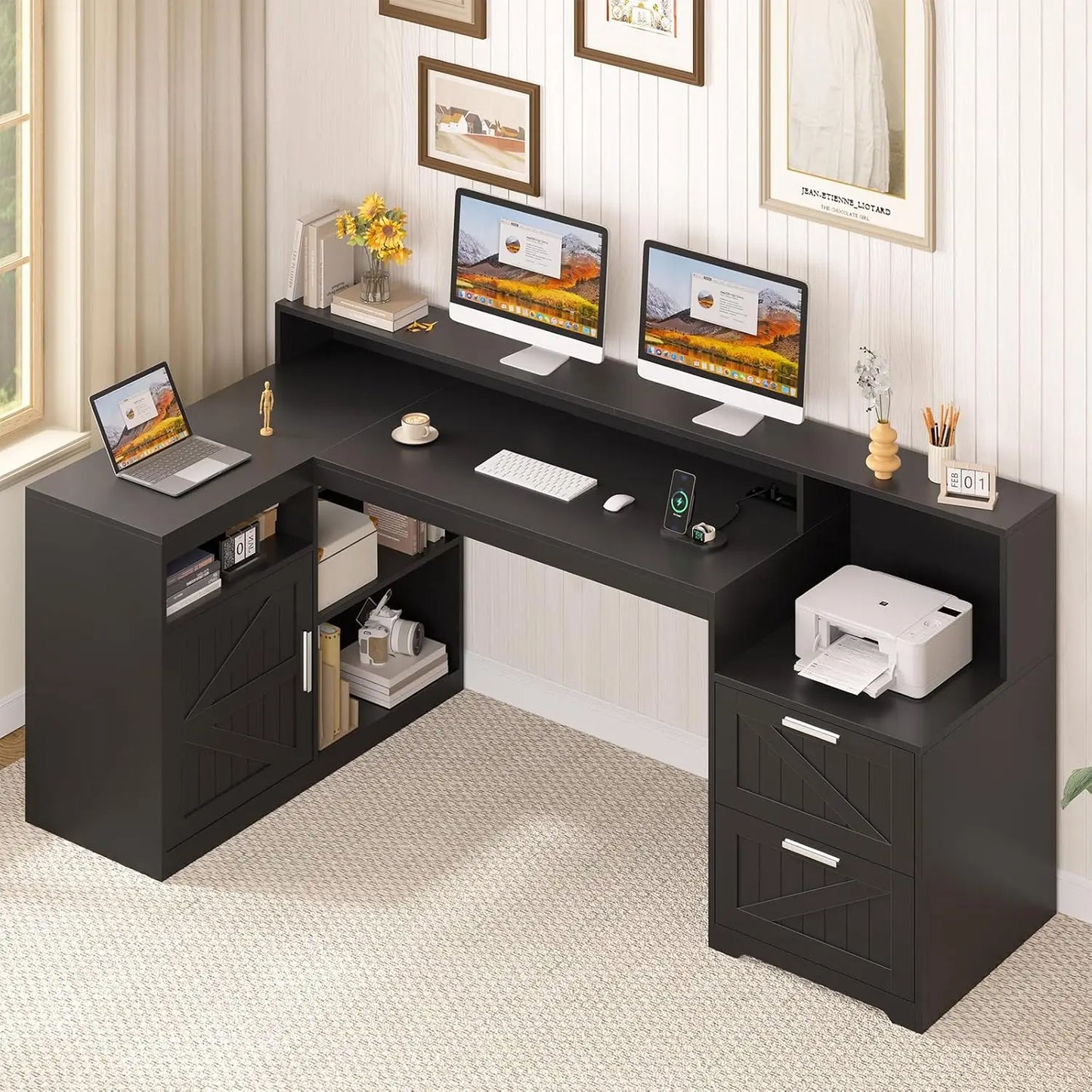 62-Inch Farmhouse L-Shaped Desk