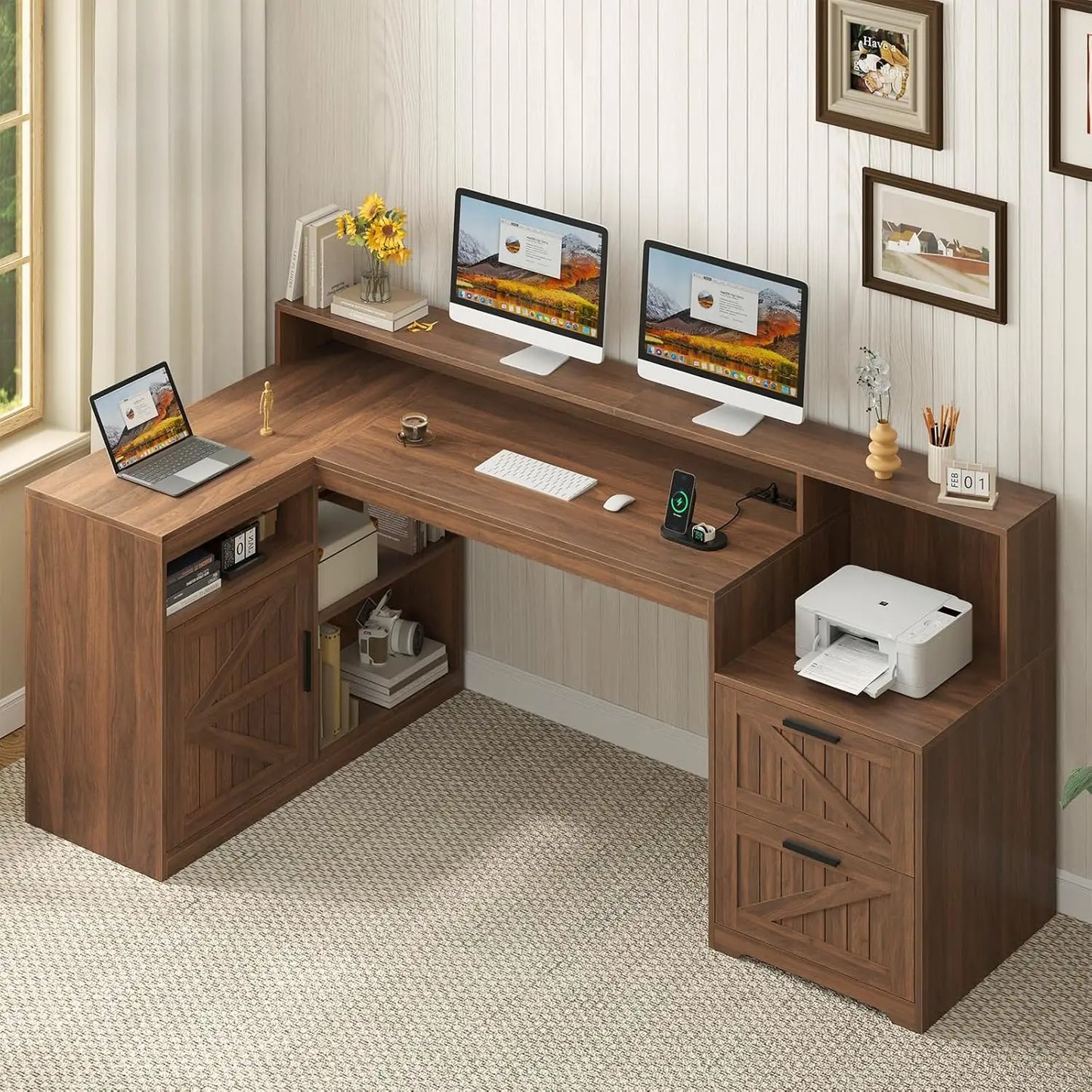 62-Inch Farmhouse L-Shaped Desk