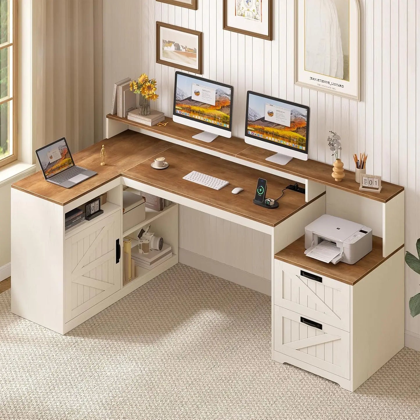 62-Inch Farmhouse L-Shaped Desk