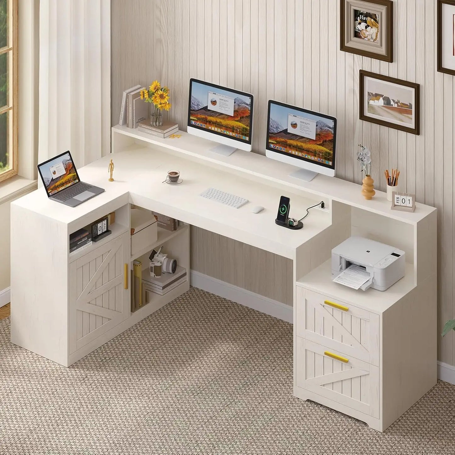 62-Inch Farmhouse L-Shaped Desk