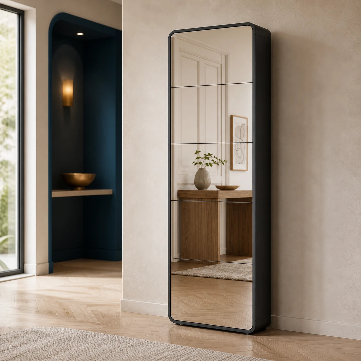 Black mirrored shoe cabinet with five closed drawers