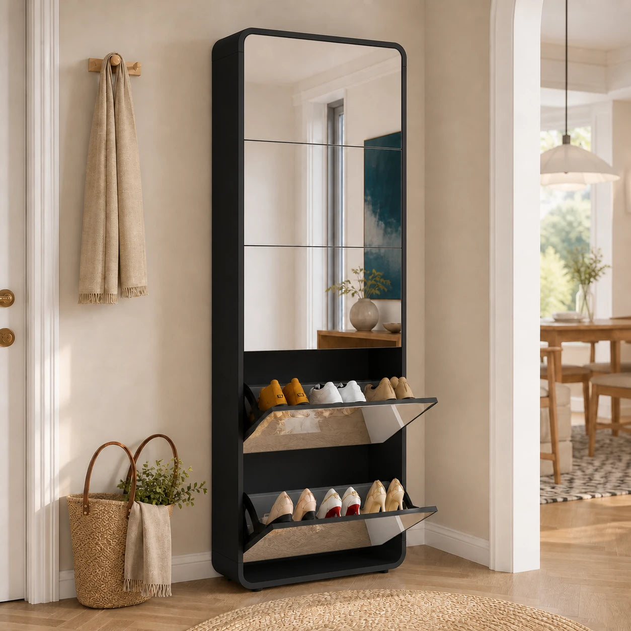 Full-Length Mirror Shoe Cabinet 5 Drawers in Black