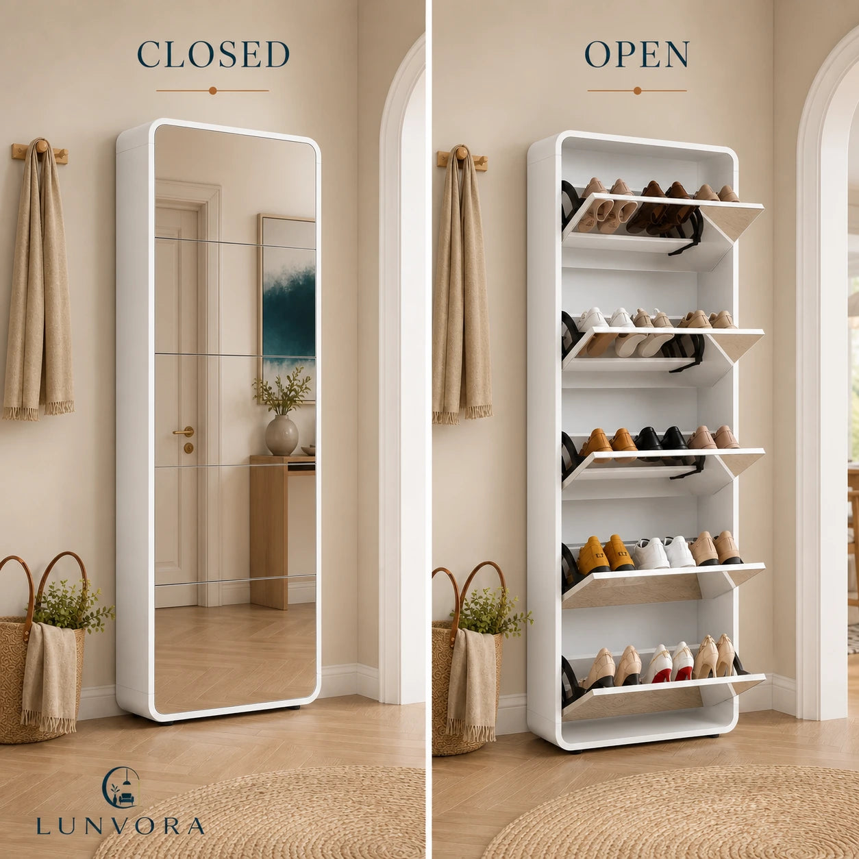 Full-Length Mirror Shoe Cabinet 5 Drawers