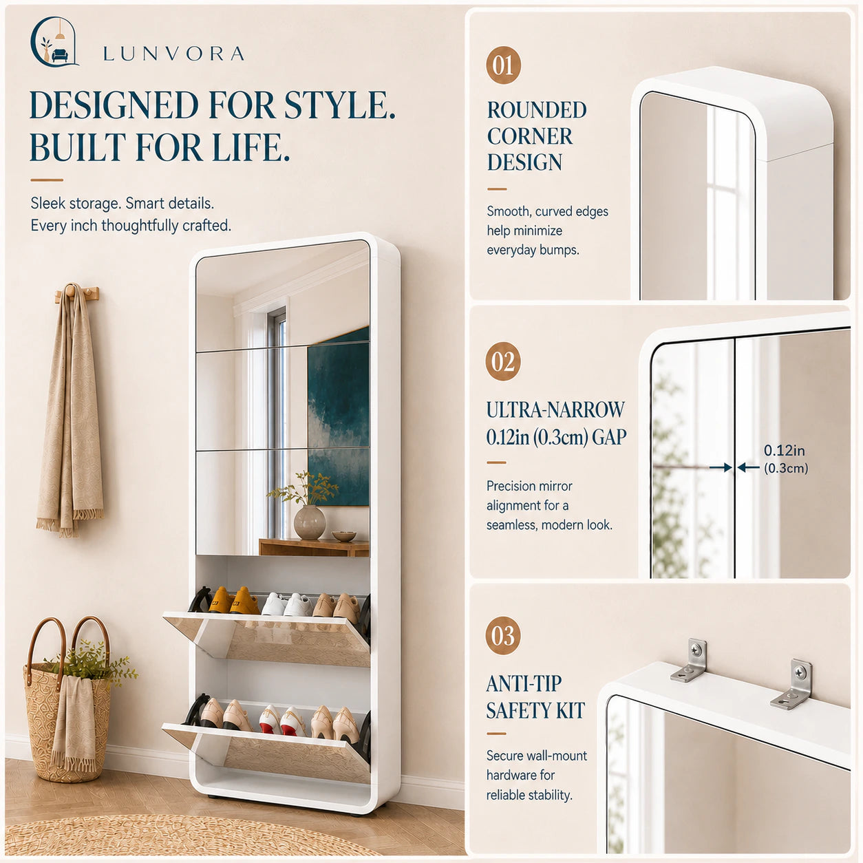 Full-Length Mirror Shoe Cabinet 5 Drawers