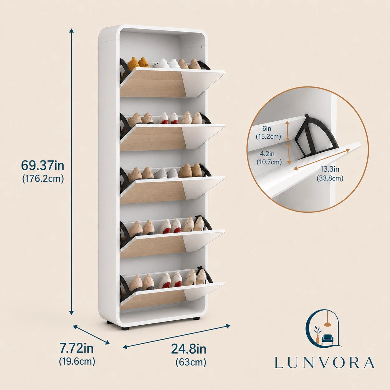 Full-Length Mirror Shoe Cabinet 5 Drawers