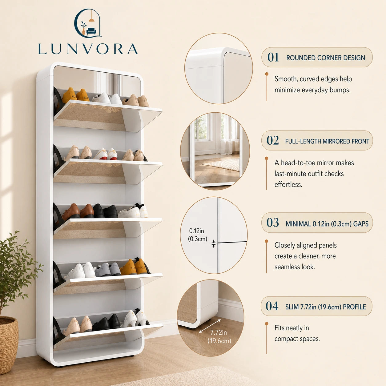 Full-Length Mirror Shoe Cabinet 5 Drawers