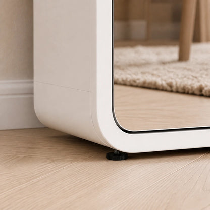 Adjustable leveling foot detail of the mirrored shoe cabinet