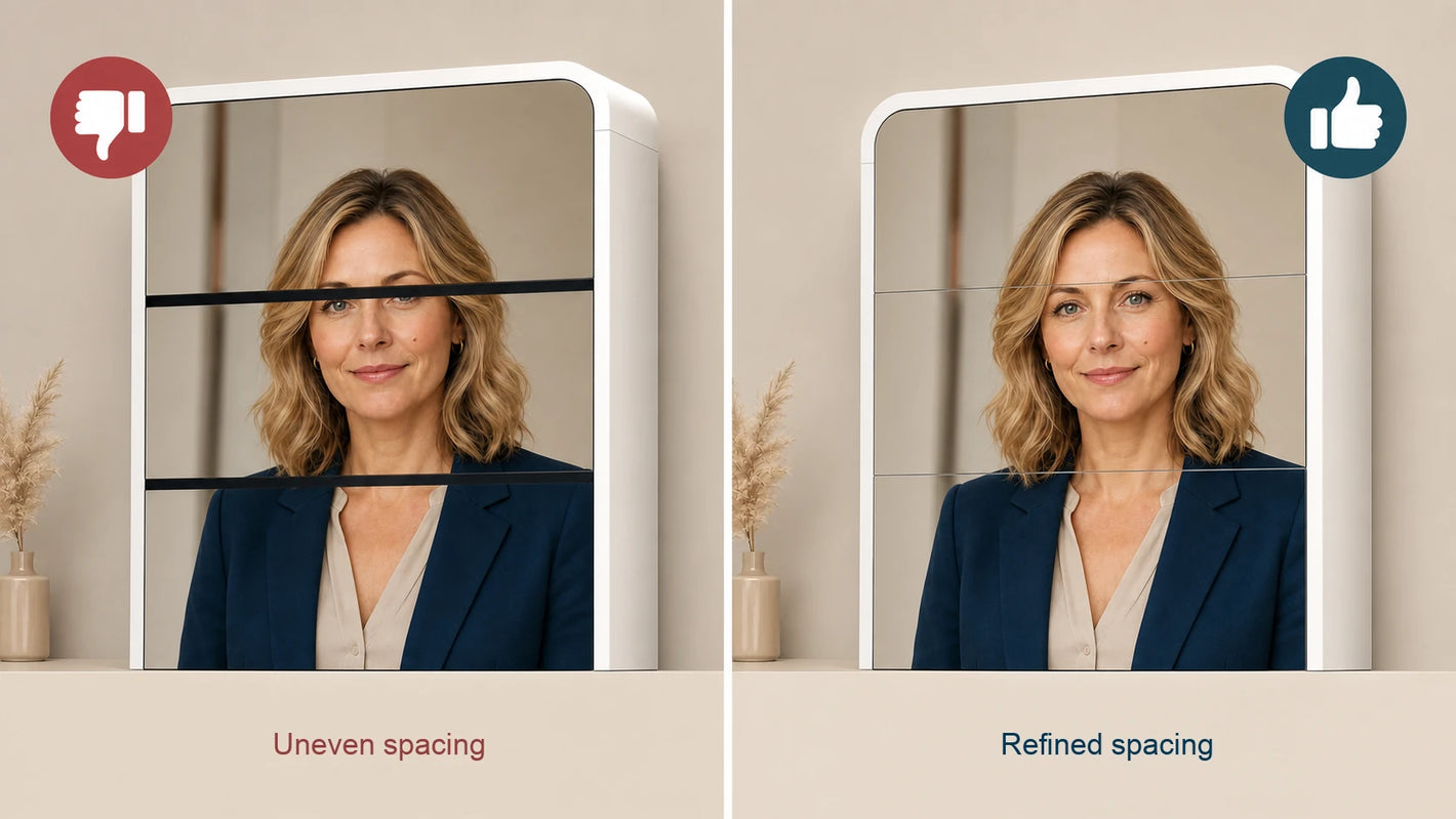Full-length mirrored panel spacing