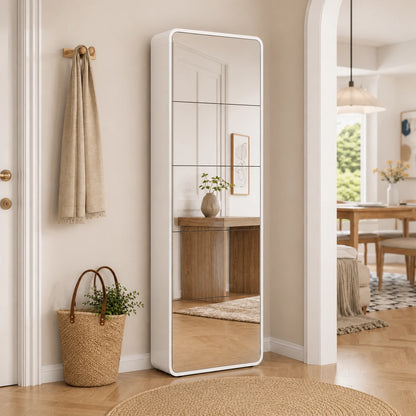 White mirrored shoe cabinet in a narrow home interior